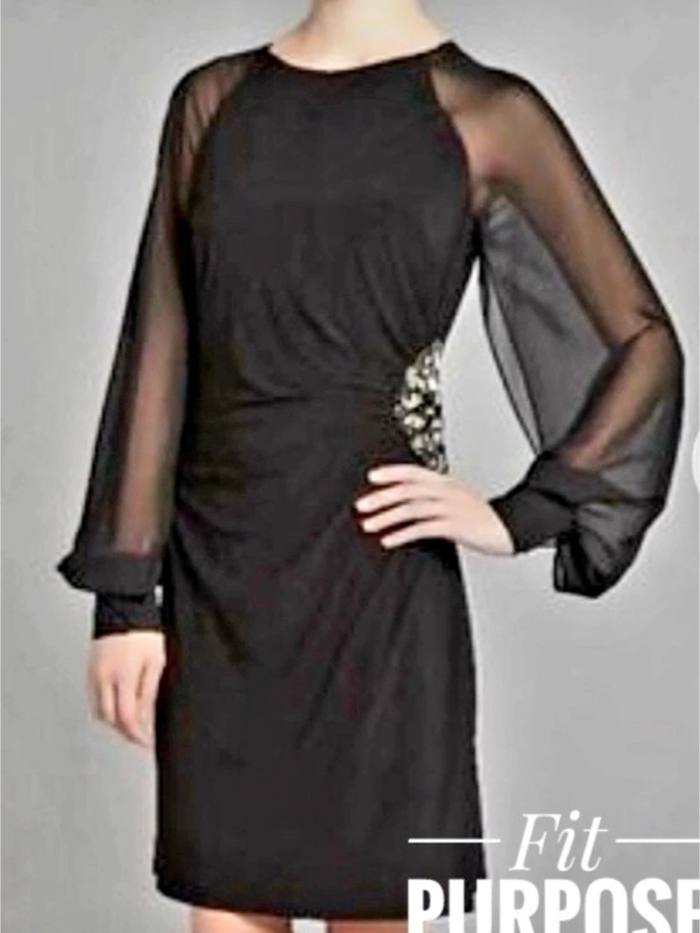 Eliza J Black Embellished Side Sheer Sleeve Lined Dress Like New Size 4